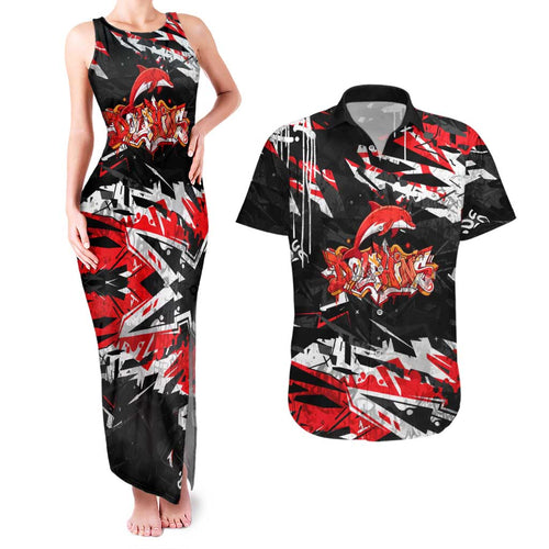 Personalized Dolphins Couples Matching Tank Maxi Dress and Hawaiian Shirt Graffiti Grunge Abstract Urban Street Style Design