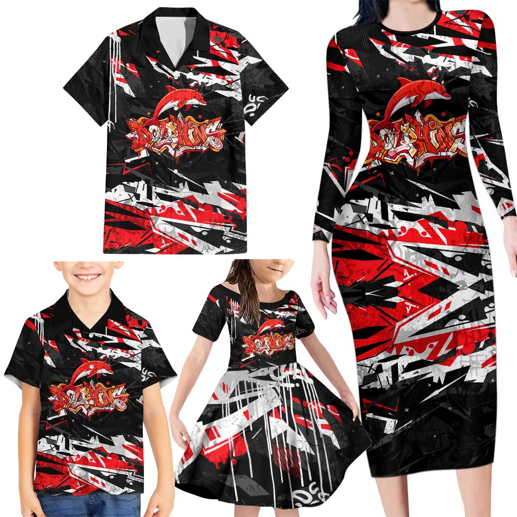 Personalized Dolphins Family Matching Long Sleeve Bodycon Dress and Hawaiian Shirt Graffiti Grunge Abstract Urban Street Style Design