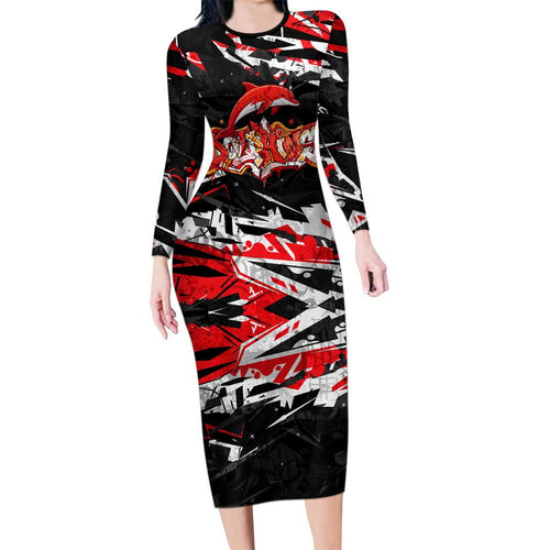 Personalized Dolphins Family Matching Long Sleeve Bodycon Dress and Hawaiian Shirt Graffiti Grunge Abstract Urban Street Style Design