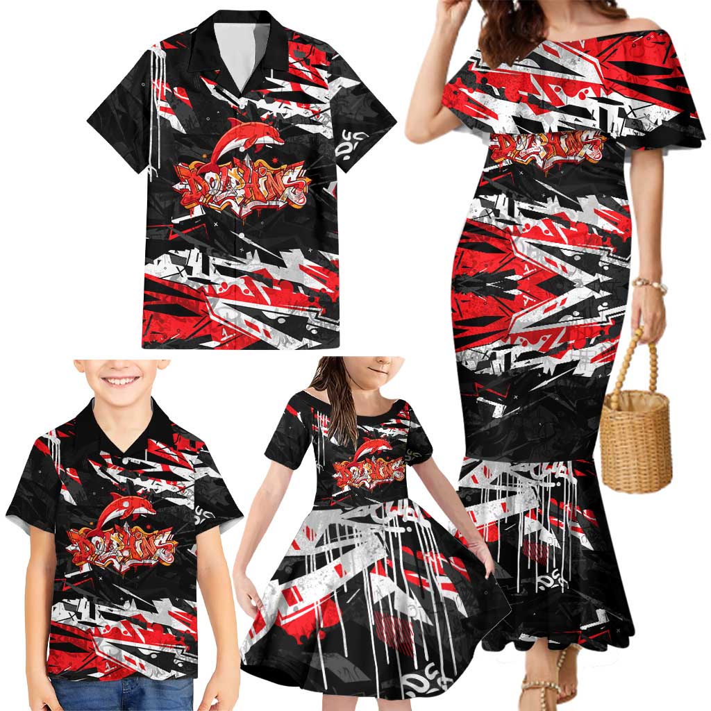 Personalized Dolphins Family Matching Mermaid Dress and Hawaiian Shirt Graffiti Grunge Abstract Urban Street Style Design