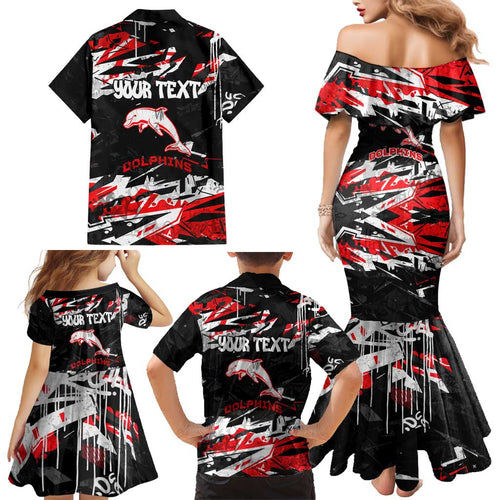 Personalized Dolphins Family Matching Mermaid Dress and Hawaiian Shirt Graffiti Grunge Abstract Urban Street Style Design