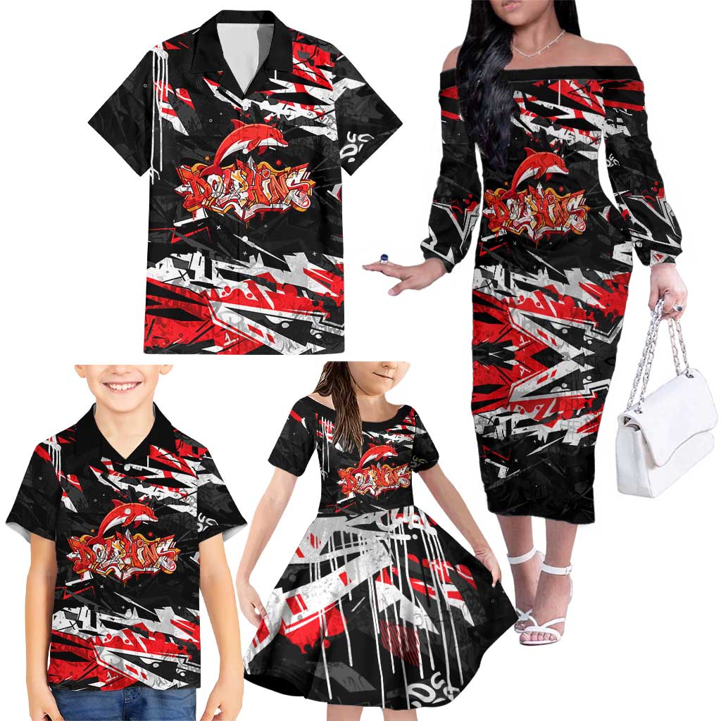 Personalized Dolphins Family Matching Off The Shoulder Long Sleeve Dress and Hawaiian Shirt Graffiti Grunge Abstract Urban Street Style Design