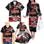 Personalized Dolphins Family Matching Off The Shoulder Long Sleeve Dress and Hawaiian Shirt Graffiti Grunge Abstract Urban Street Style Design