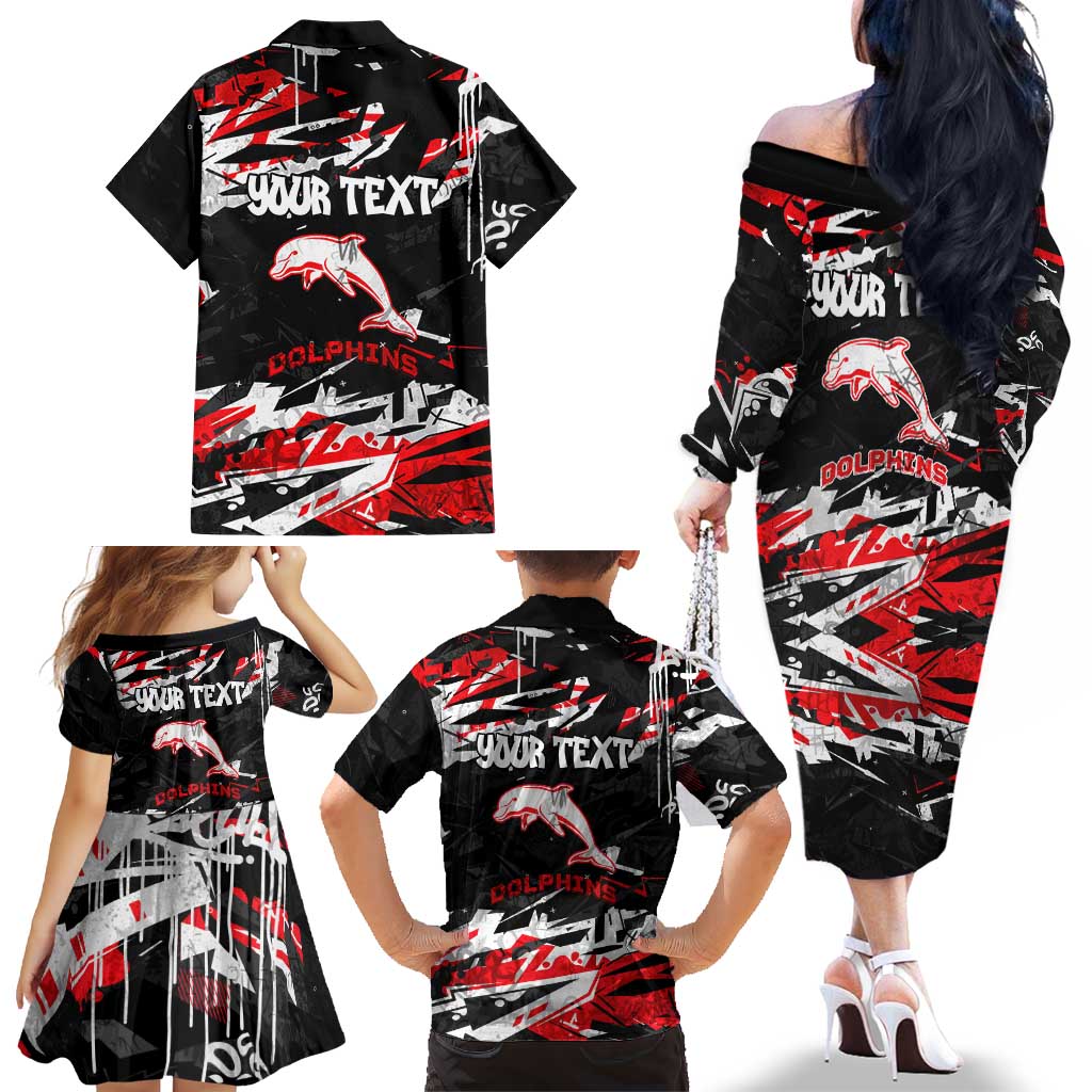 Personalized Dolphins Family Matching Off The Shoulder Long Sleeve Dress and Hawaiian Shirt Graffiti Grunge Abstract Urban Street Style Design