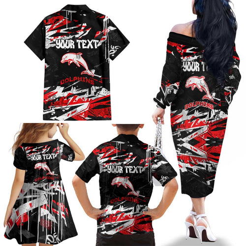 Personalized Dolphins Family Matching Off The Shoulder Long Sleeve Dress and Hawaiian Shirt Graffiti Grunge Abstract Urban Street Style Design