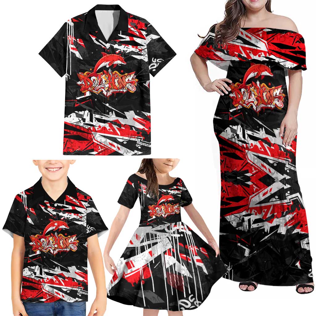 Personalized Dolphins Family Matching Off Shoulder Maxi Dress and Hawaiian Shirt Graffiti Grunge Abstract Urban Street Style Design