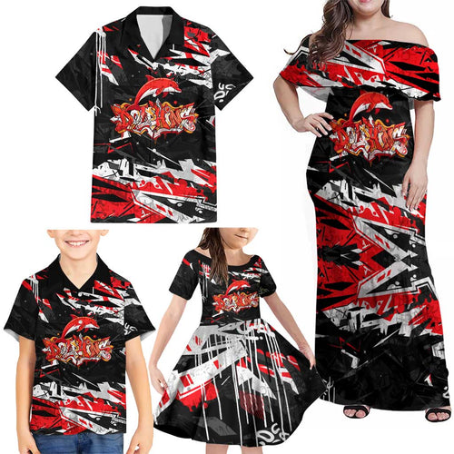 Personalized Dolphins Family Matching Off Shoulder Maxi Dress and Hawaiian Shirt Graffiti Grunge Abstract Urban Street Style Design