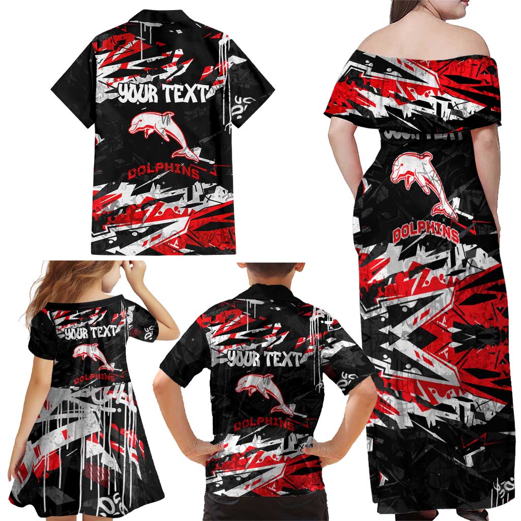 Personalized Dolphins Family Matching Off Shoulder Maxi Dress and Hawaiian Shirt Graffiti Grunge Abstract Urban Street Style Design
