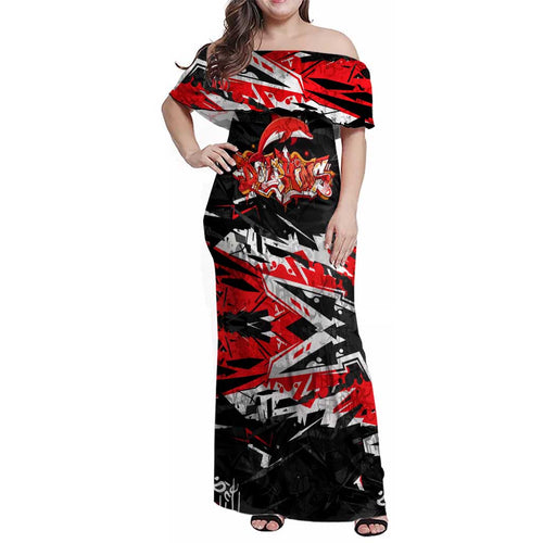 Personalized Dolphins Family Matching Off Shoulder Maxi Dress and Hawaiian Shirt Graffiti Grunge Abstract Urban Street Style Design