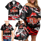 Personalized Dolphins Family Matching Off Shoulder Short Dress and Hawaiian Shirt Graffiti Grunge Abstract Urban Street Style Design