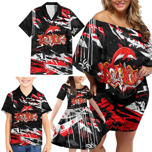 Personalized Dolphins Family Matching Off Shoulder Short Dress and Hawaiian Shirt Graffiti Grunge Abstract Urban Street Style Design