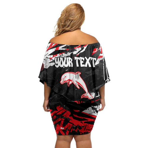Personalized Dolphins Family Matching Off Shoulder Short Dress and Hawaiian Shirt Graffiti Grunge Abstract Urban Street Style Design
