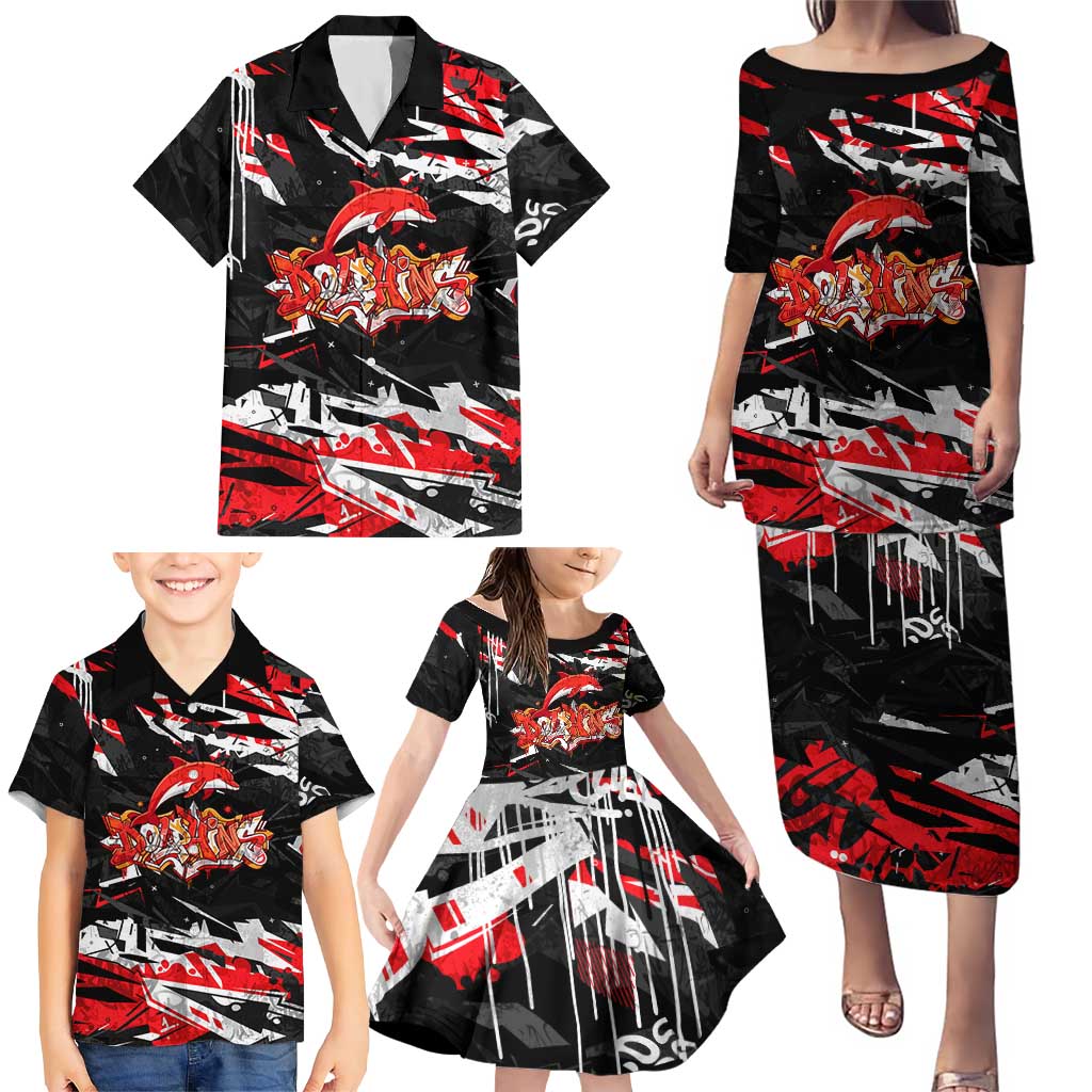 Personalized Dolphins Family Matching Puletasi and Hawaiian Shirt Graffiti Grunge Abstract Urban Street Style Design