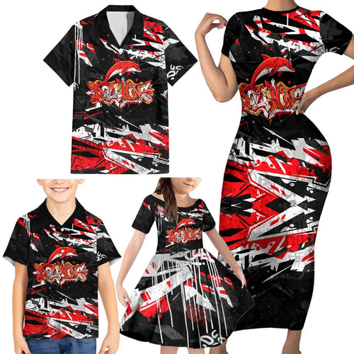 Personalized Dolphins Family Matching Short Sleeve Bodycon Dress and Hawaiian Shirt Graffiti Grunge Abstract Urban Street Style Design