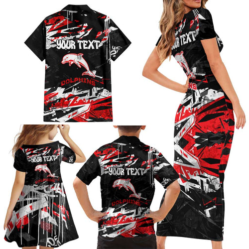 Personalized Dolphins Family Matching Short Sleeve Bodycon Dress and Hawaiian Shirt Graffiti Grunge Abstract Urban Street Style Design
