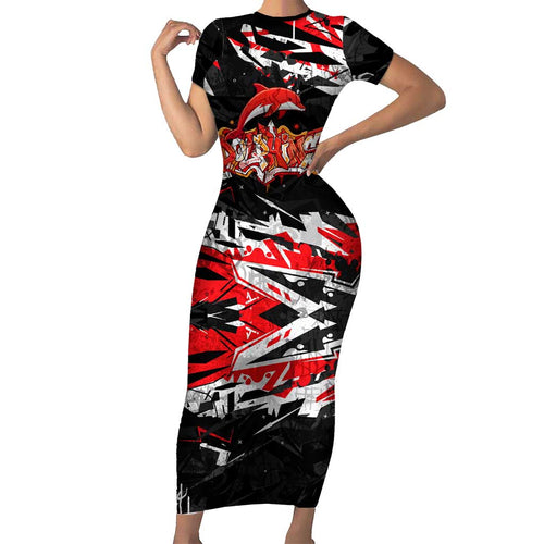Personalized Dolphins Family Matching Short Sleeve Bodycon Dress and Hawaiian Shirt Graffiti Grunge Abstract Urban Street Style Design