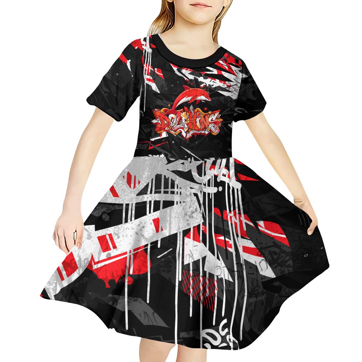 Personalized Dolphins Kid Short Sleeve Dress Graffiti Grunge Abstract Urban Street Style Design