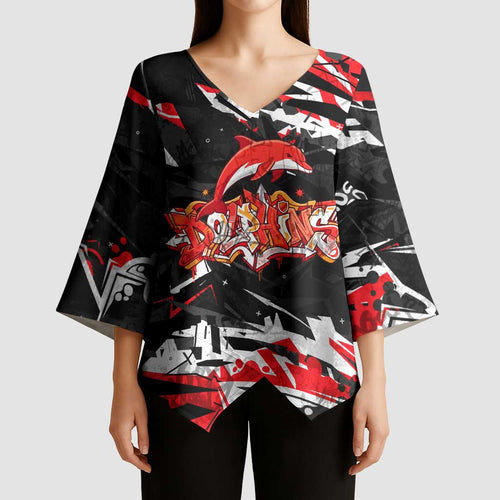 Personalized Dolphins Kimono Sleeve Blouse Graffiti Grunge Abstract Urban Street Style Design