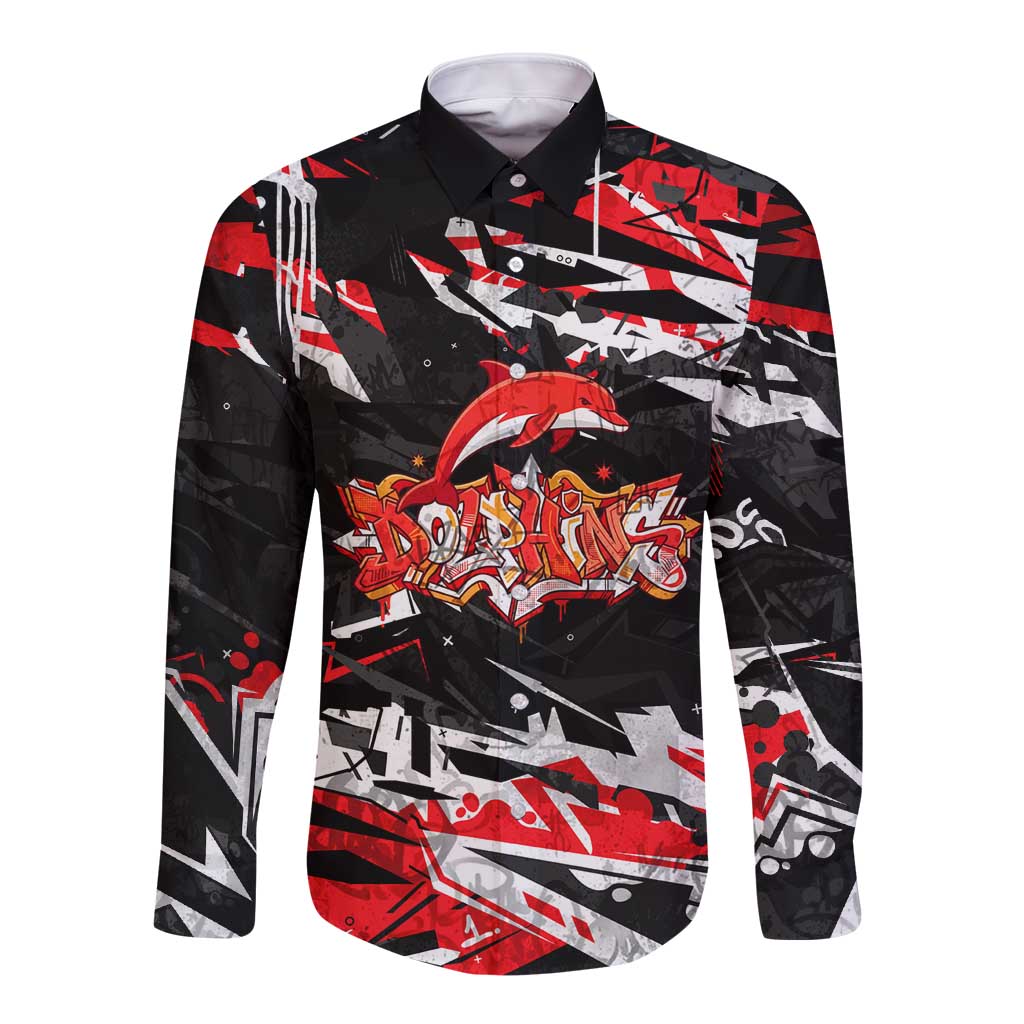 Personalized Dolphins Long Sleeve Button Shirt Graffiti Grunge Abstract Urban Street Style Design