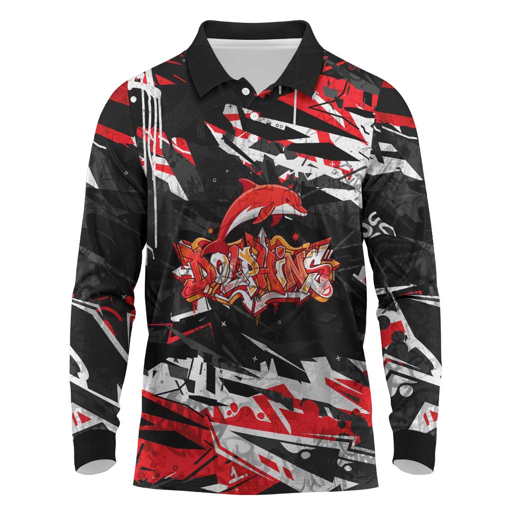 Personalized Dolphins Long Sleeve Polo Shirt Graffiti Grunge Abstract Urban Street Style Design