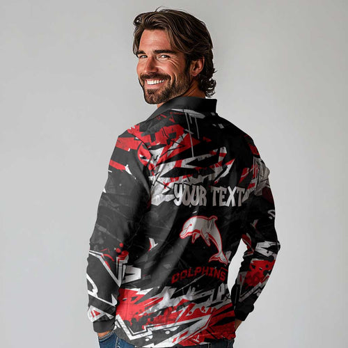 Personalized Dolphins Long Sleeve Polo Shirt Graffiti Grunge Abstract Urban Street Style Design