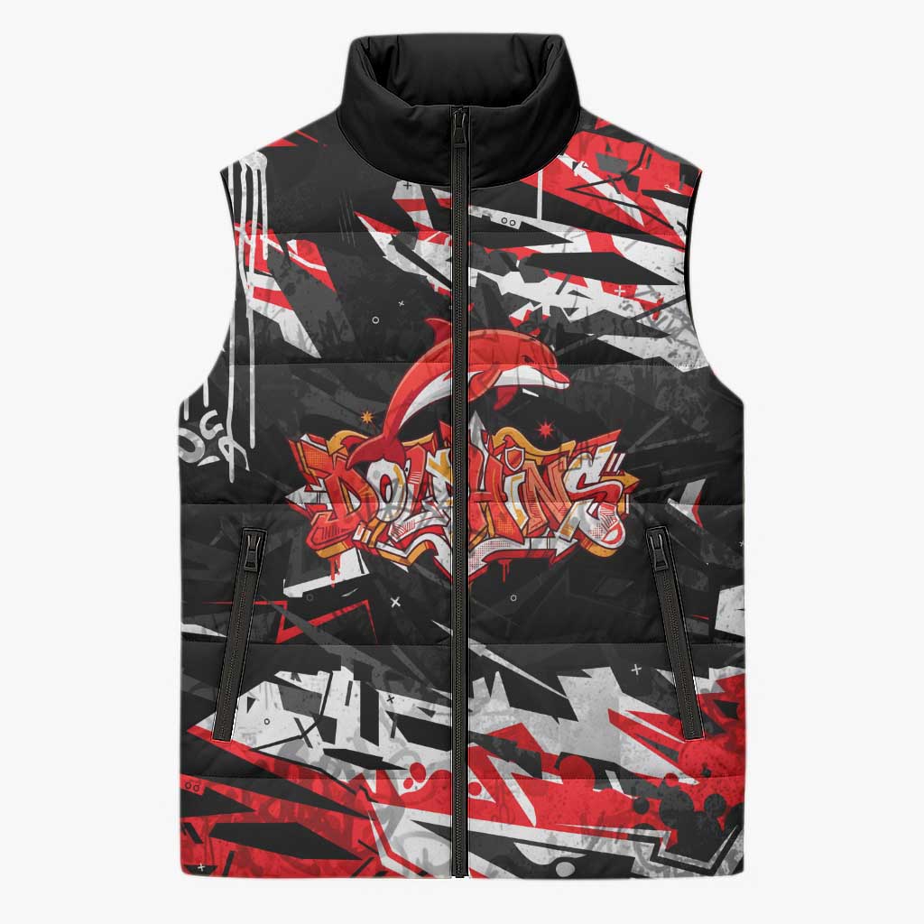 Personalized Dolphins Sleeveless Puffer Jacket Graffiti Grunge Abstract Urban Street Style Design