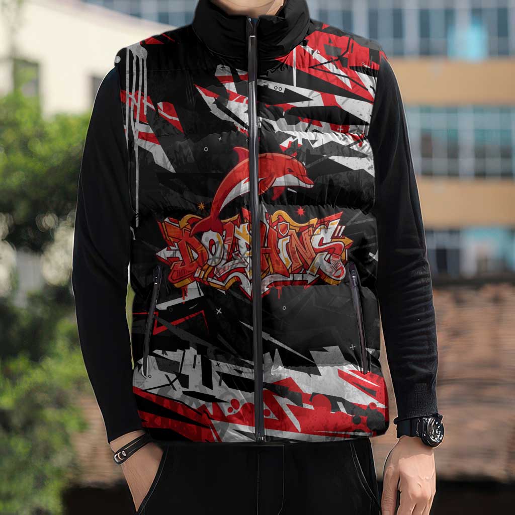 Personalized Dolphins Sleeveless Puffer Jacket Graffiti Grunge Abstract Urban Street Style Design
