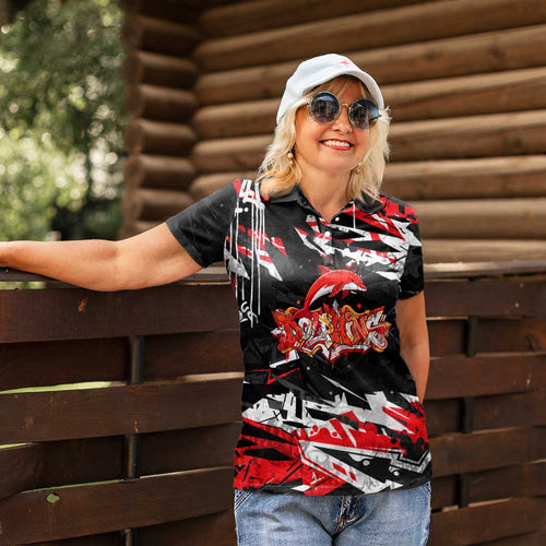 Personalized Dolphins Women Polo Shirt Graffiti Grunge Abstract Urban Street Style Design