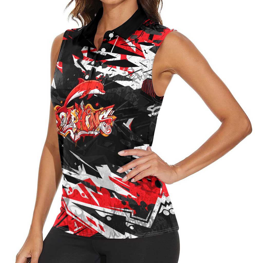 Personalized Dolphins Women Sleeveless Polo Shirt Graffiti Grunge Abstract Urban Street Style Design