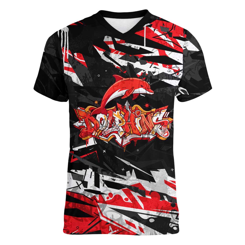 Personalized Dolphins Women V-Neck T-Shirt Graffiti Grunge Abstract Urban Street Style Design