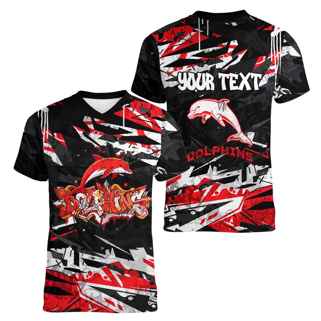 Personalized Dolphins Women V-Neck T-Shirt Graffiti Grunge Abstract Urban Street Style Design