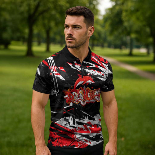 Personalized Dolphins Zipper Polo Shirt Graffiti Grunge Abstract Urban Street Style Design
