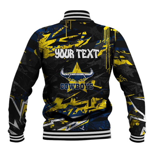 Personalized North Queensland Cowboys Baseball Jacket Graffiti Grunge Abstract Urban Street Style Design