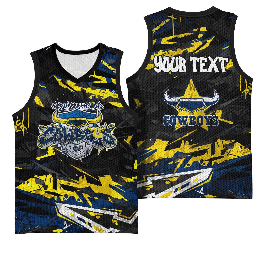 Personalized North Queensland Cowboys Basketball Jersey Graffiti Grunge Abstract Urban Street Style Design