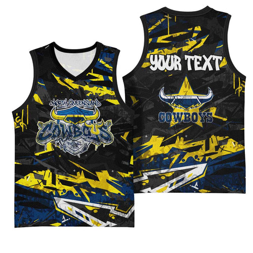 Personalized North Queensland Cowboys Basketball Jersey Graffiti Grunge Abstract Urban Street Style Design