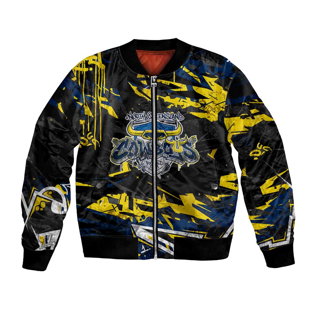 Personalized North Queensland Cowboys Bomber Jacket Graffiti Grunge Abstract Urban Street Style Design