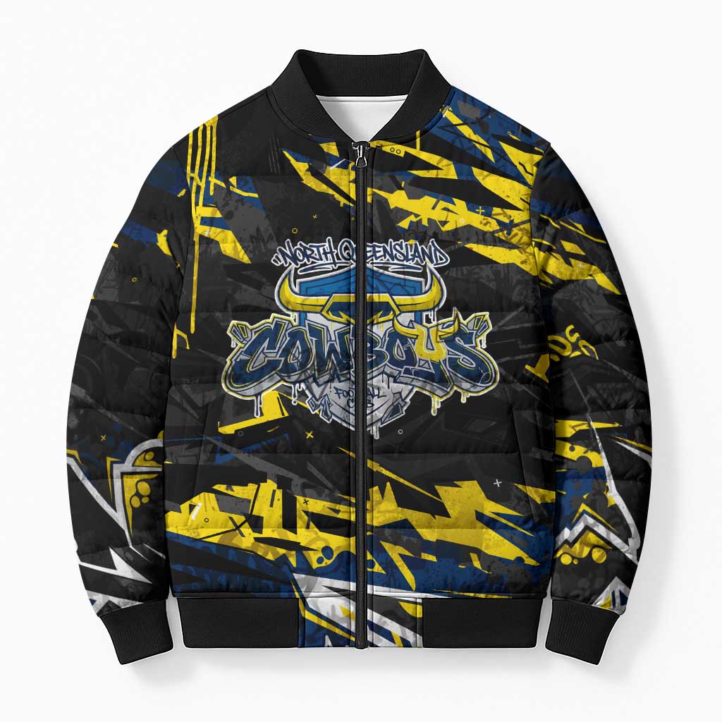 Personalized North Queensland Cowboys Bomber Puffer Jacket Graffiti Grunge Abstract Urban Street Style Design