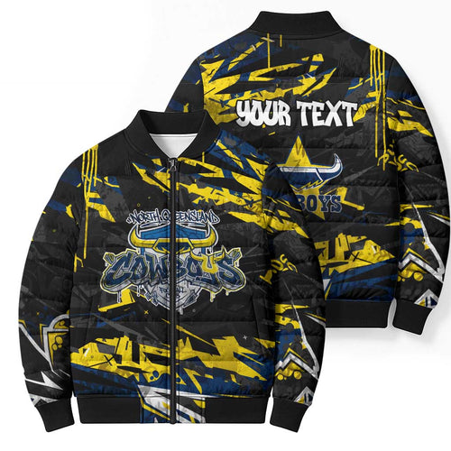 Personalized North Queensland Cowboys Bomber Puffer Jacket Graffiti Grunge Abstract Urban Street Style Design