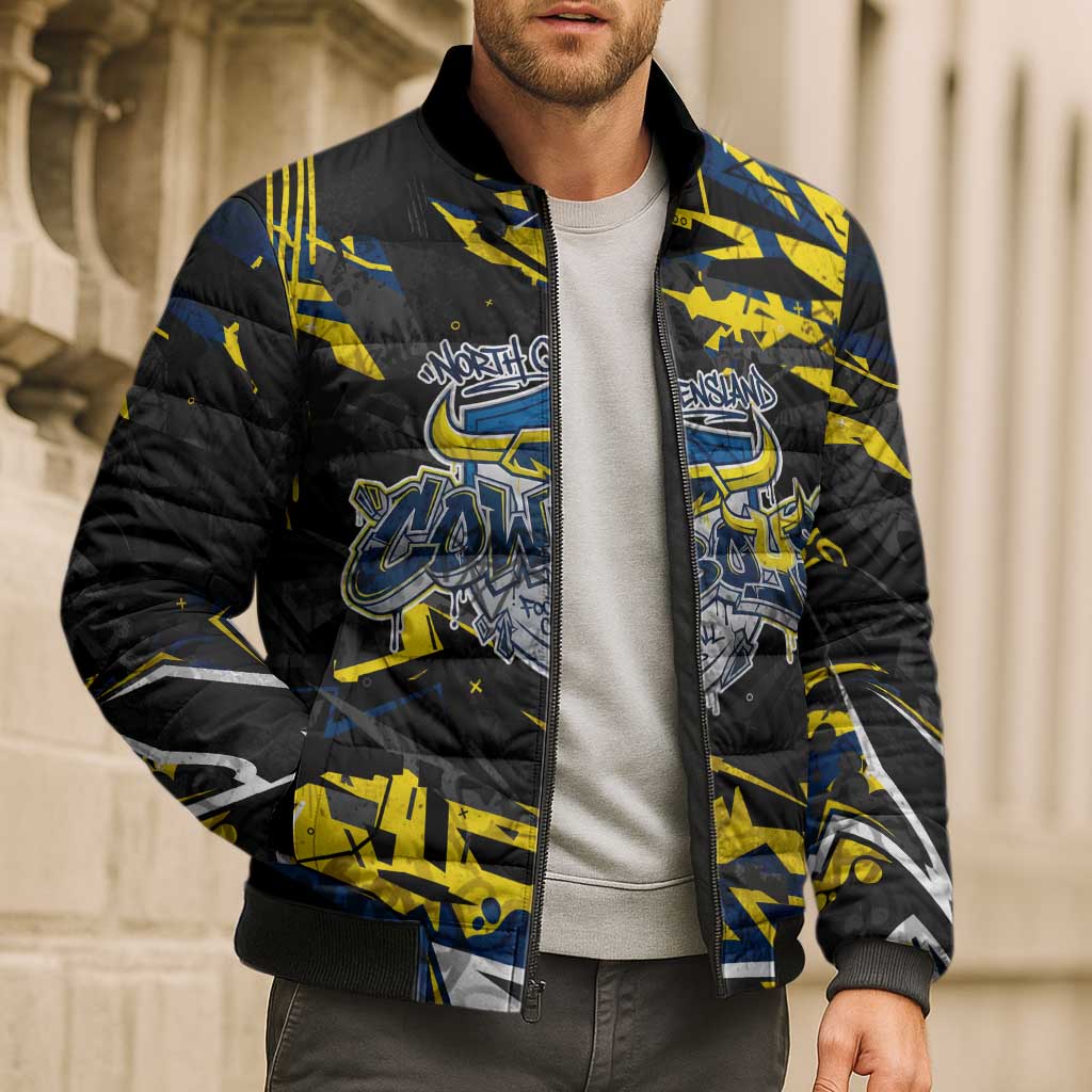 Personalized North Queensland Cowboys Bomber Puffer Jacket Graffiti Grunge Abstract Urban Street Style Design