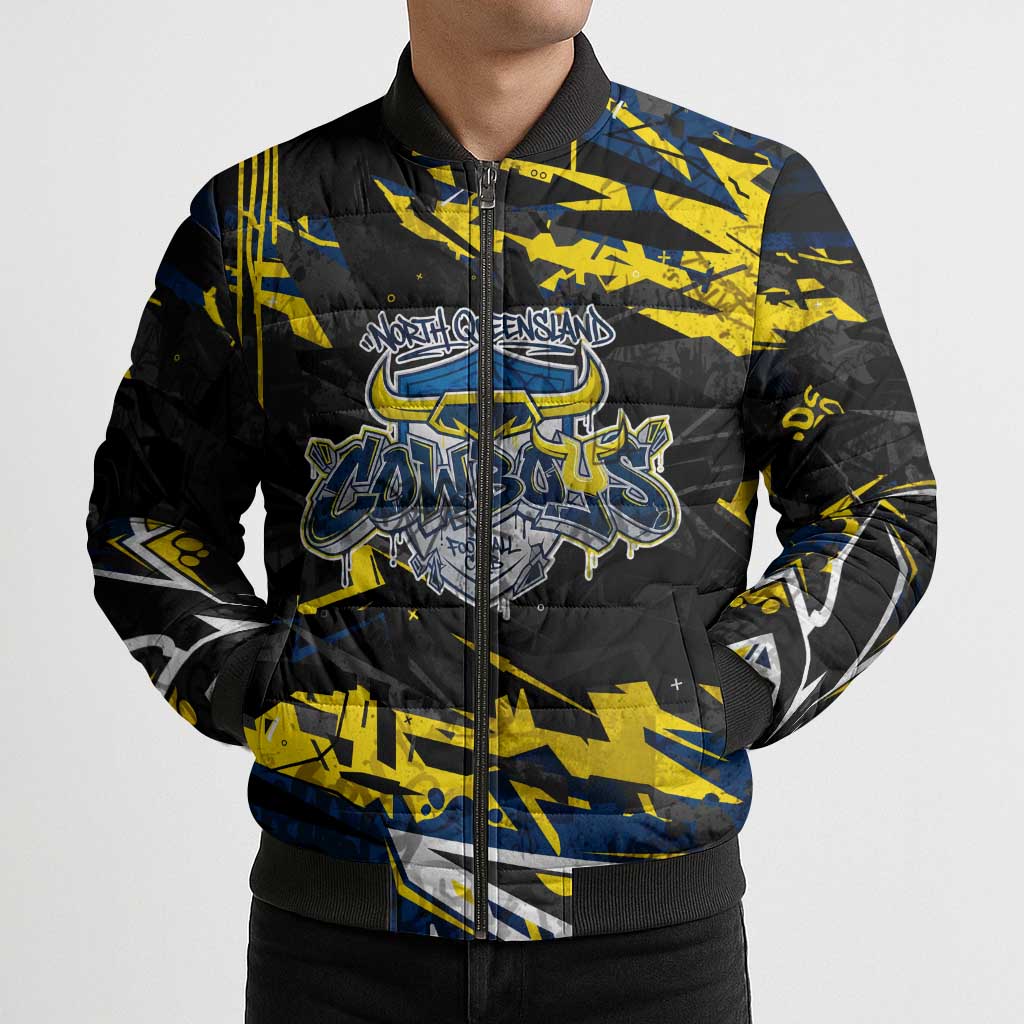 Personalized North Queensland Cowboys Bomber Puffer Jacket Graffiti Grunge Abstract Urban Street Style Design