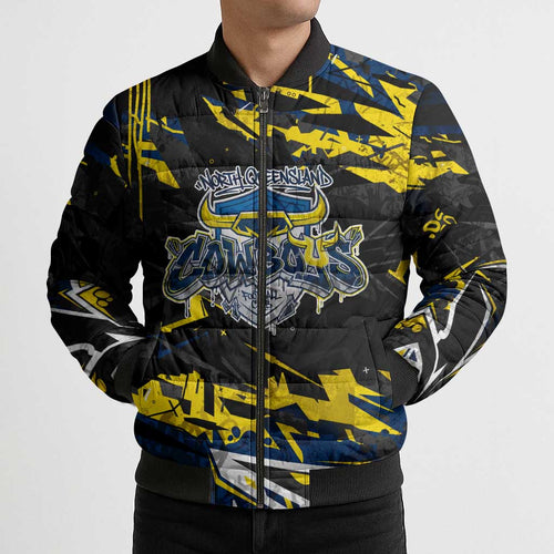 Personalized North Queensland Cowboys Bomber Puffer Jacket Graffiti Grunge Abstract Urban Street Style Design