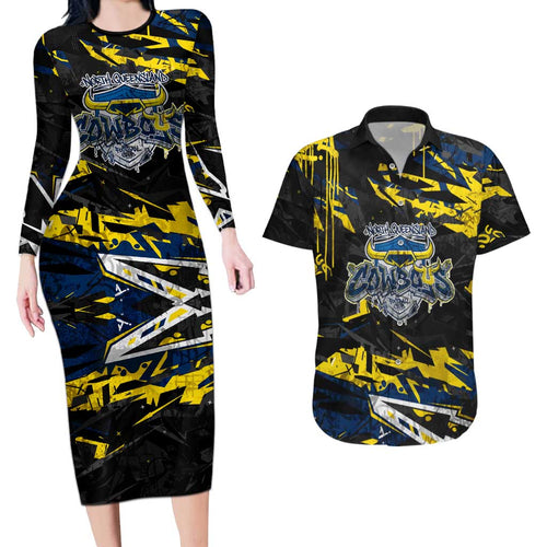 Personalized North Queensland Cowboys Couples Matching Long Sleeve Bodycon Dress and Hawaiian Shirt Graffiti Grunge Abstract Urban Street Style Design