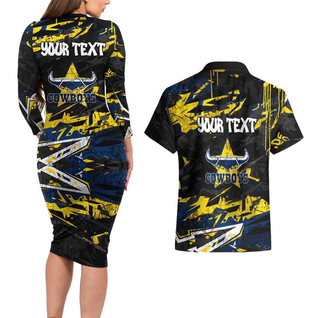 Personalized North Queensland Cowboys Couples Matching Long Sleeve Bodycon Dress and Hawaiian Shirt Graffiti Grunge Abstract Urban Street Style Design