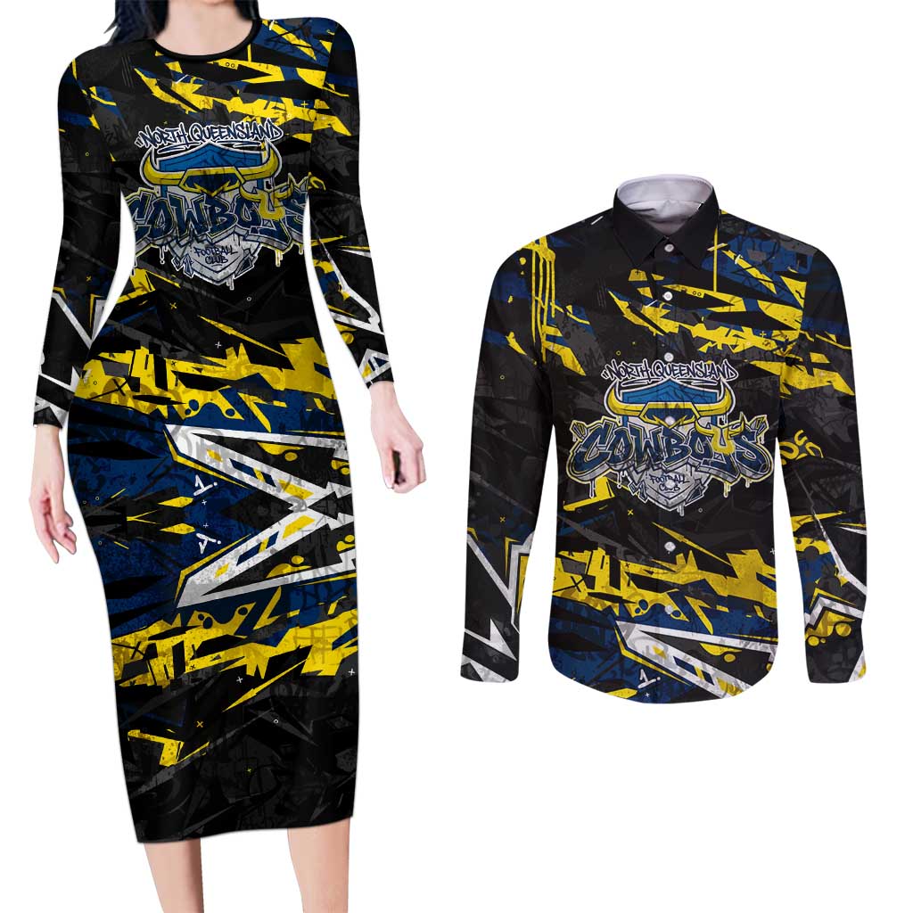 Personalized North Queensland Cowboys Couples Matching Long Sleeve Bodycon Dress and Long Sleeve Button Shirt Graffiti Grunge Abstract Urban Street Style Design