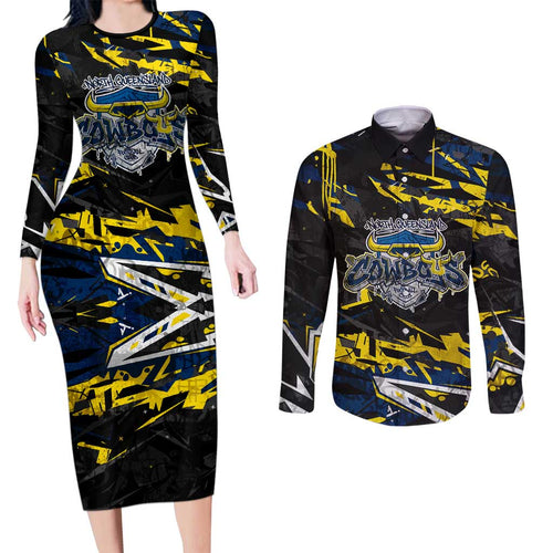 Personalized North Queensland Cowboys Couples Matching Long Sleeve Bodycon Dress and Long Sleeve Button Shirt Graffiti Grunge Abstract Urban Street Style Design