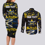 Personalized North Queensland Cowboys Couples Matching Long Sleeve Bodycon Dress and Long Sleeve Button Shirt Graffiti Grunge Abstract Urban Street Style Design