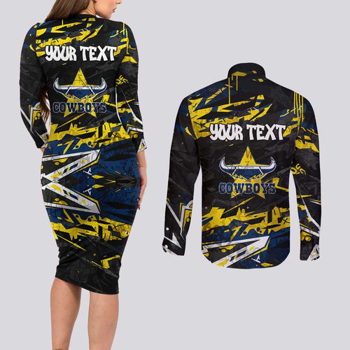 Personalized North Queensland Cowboys Couples Matching Long Sleeve Bodycon Dress and Long Sleeve Button Shirt Graffiti Grunge Abstract Urban Street Style Design