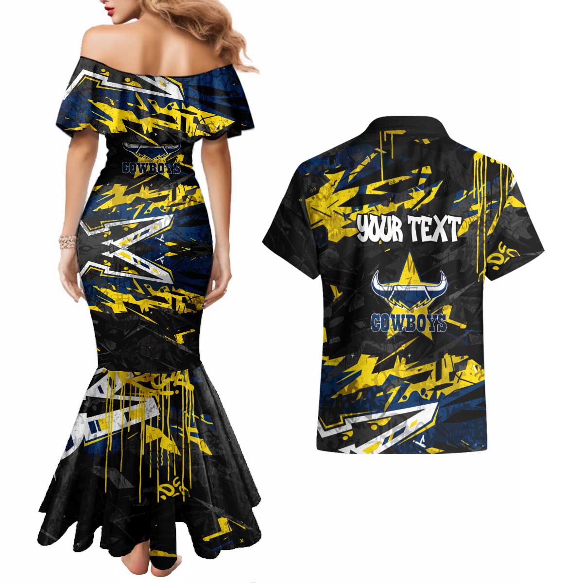 Personalized North Queensland Cowboys Couples Matching Mermaid Dress and Hawaiian Shirt Graffiti Grunge Abstract Urban Street Style Design