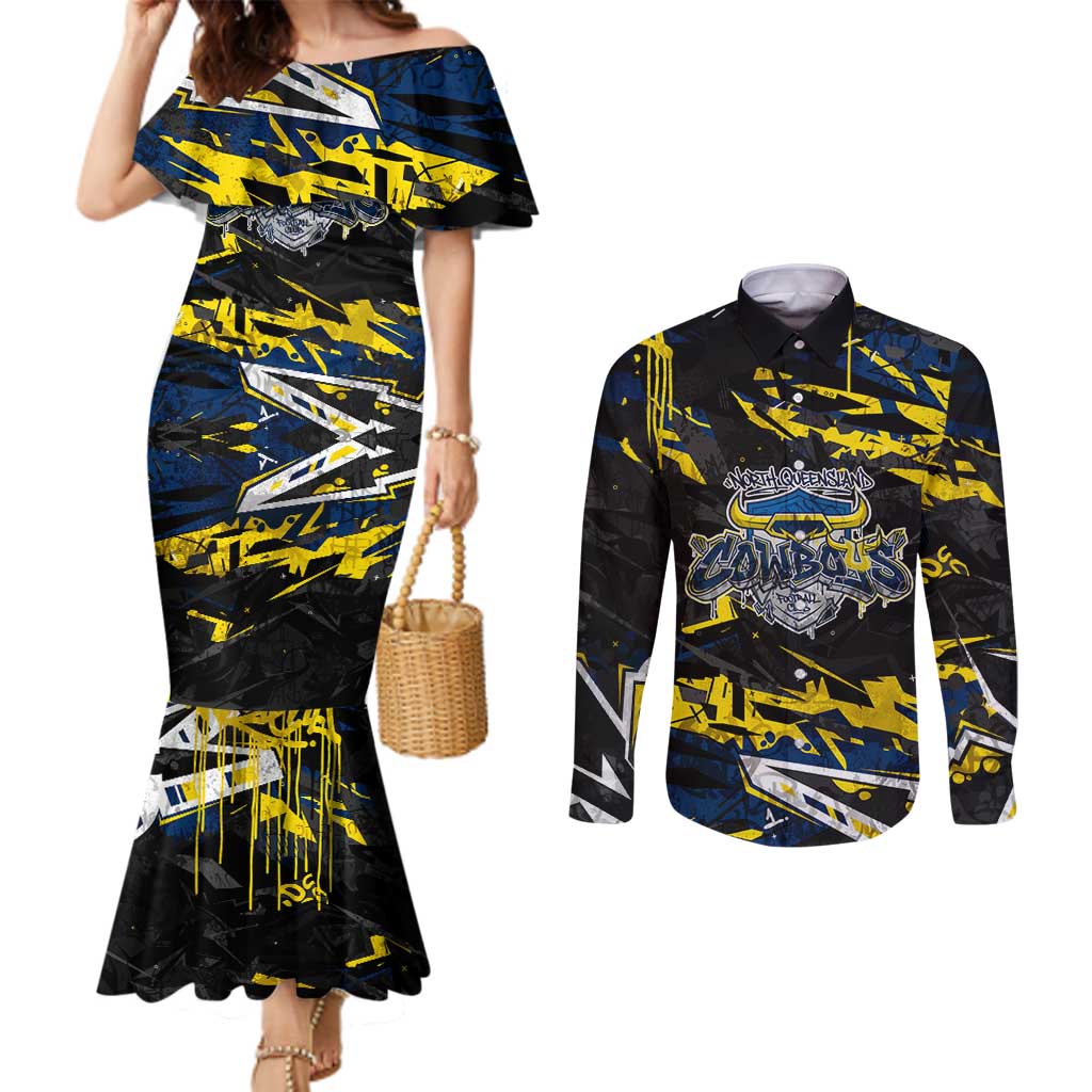 Personalized North Queensland Cowboys Couples Matching Mermaid Dress and Long Sleeve Button Shirt Graffiti Grunge Abstract Urban Street Style Design