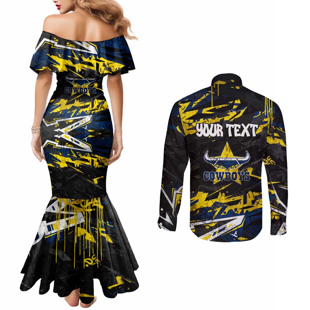 Personalized North Queensland Cowboys Couples Matching Mermaid Dress and Long Sleeve Button Shirt Graffiti Grunge Abstract Urban Street Style Design